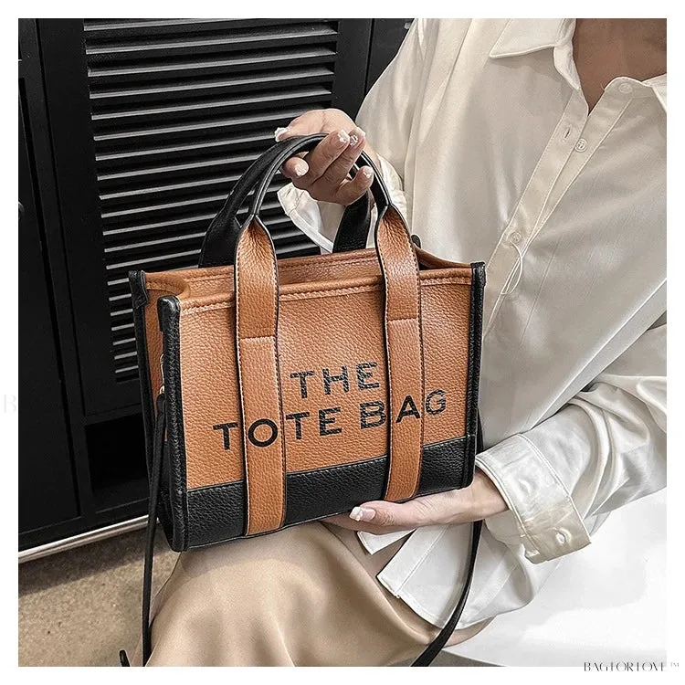 BagForLove - Colorblock Square Bag with Double Handle featuring Letter Graphic and Litchi Embossed Design