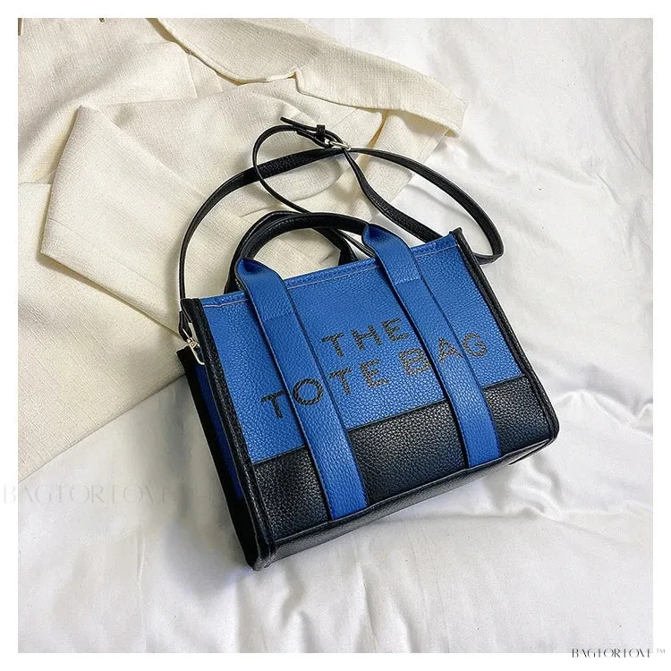 BagForLove - Colorblock Square Bag with Double Handle featuring Letter Graphic and Litchi Embossed Design