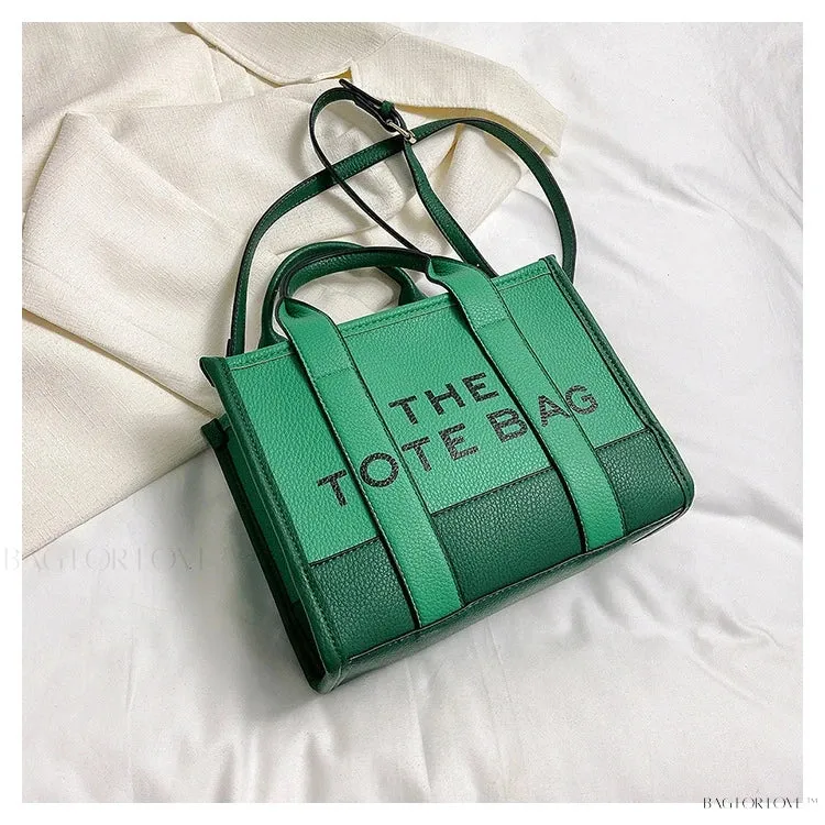 BagForLove - Colorblock Square Bag with Double Handle featuring Letter Graphic and Litchi Embossed Design