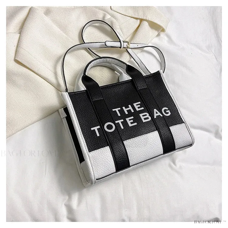 BagForLove - Colorblock Square Bag with Double Handle featuring Letter Graphic and Litchi Embossed Design