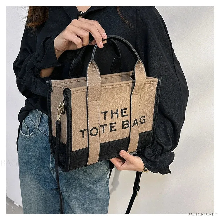 BagForLove - Colorblock Square Bag with Double Handle featuring Letter Graphic and Litchi Embossed Design