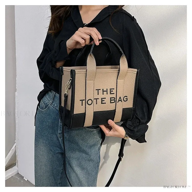 BagForLove - Colorblock Square Bag with Double Handle featuring Letter Graphic and Litchi Embossed Design