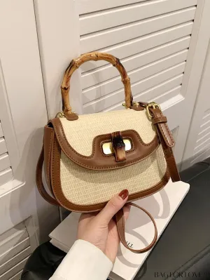 BagForLove - Compact Contrast Straw Bag with Bamboo Joint Handle - Perfect for Vacation