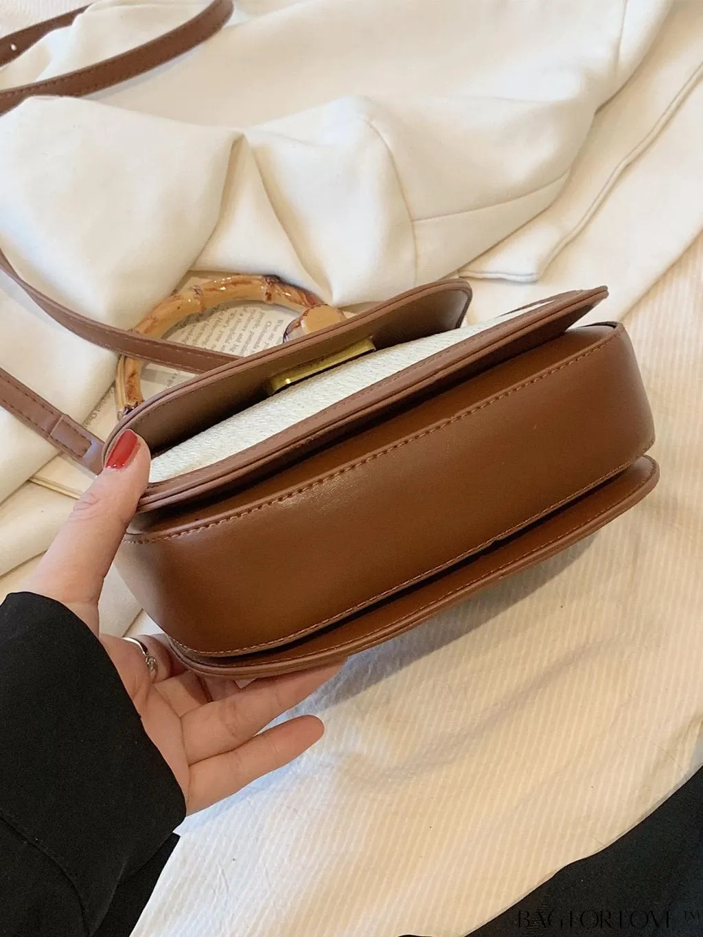 BagForLove - Compact Contrast Straw Bag with Bamboo Joint Handle - Perfect for Vacation