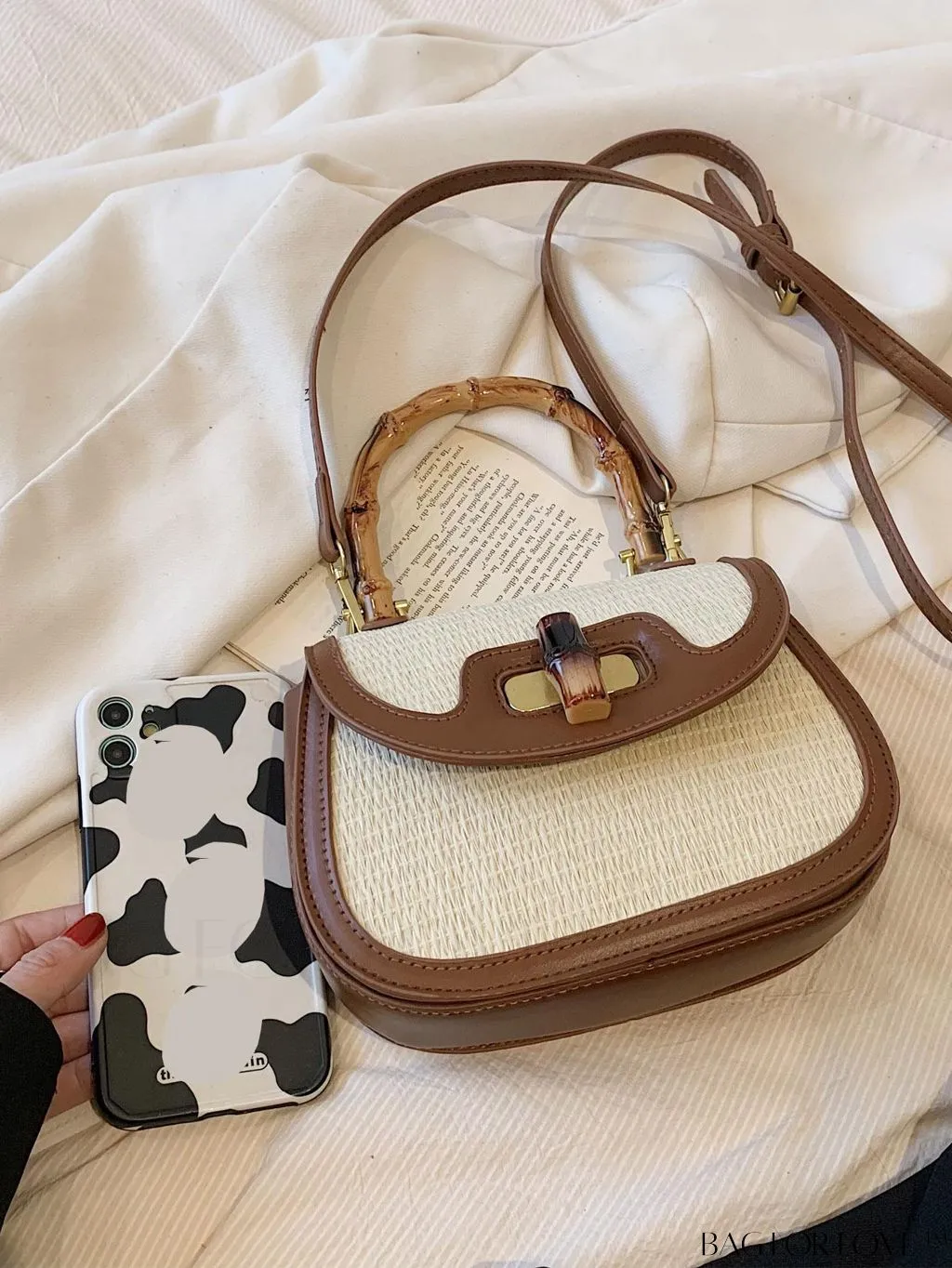 BagForLove - Compact Contrast Straw Bag with Bamboo Joint Handle - Perfect for Vacation