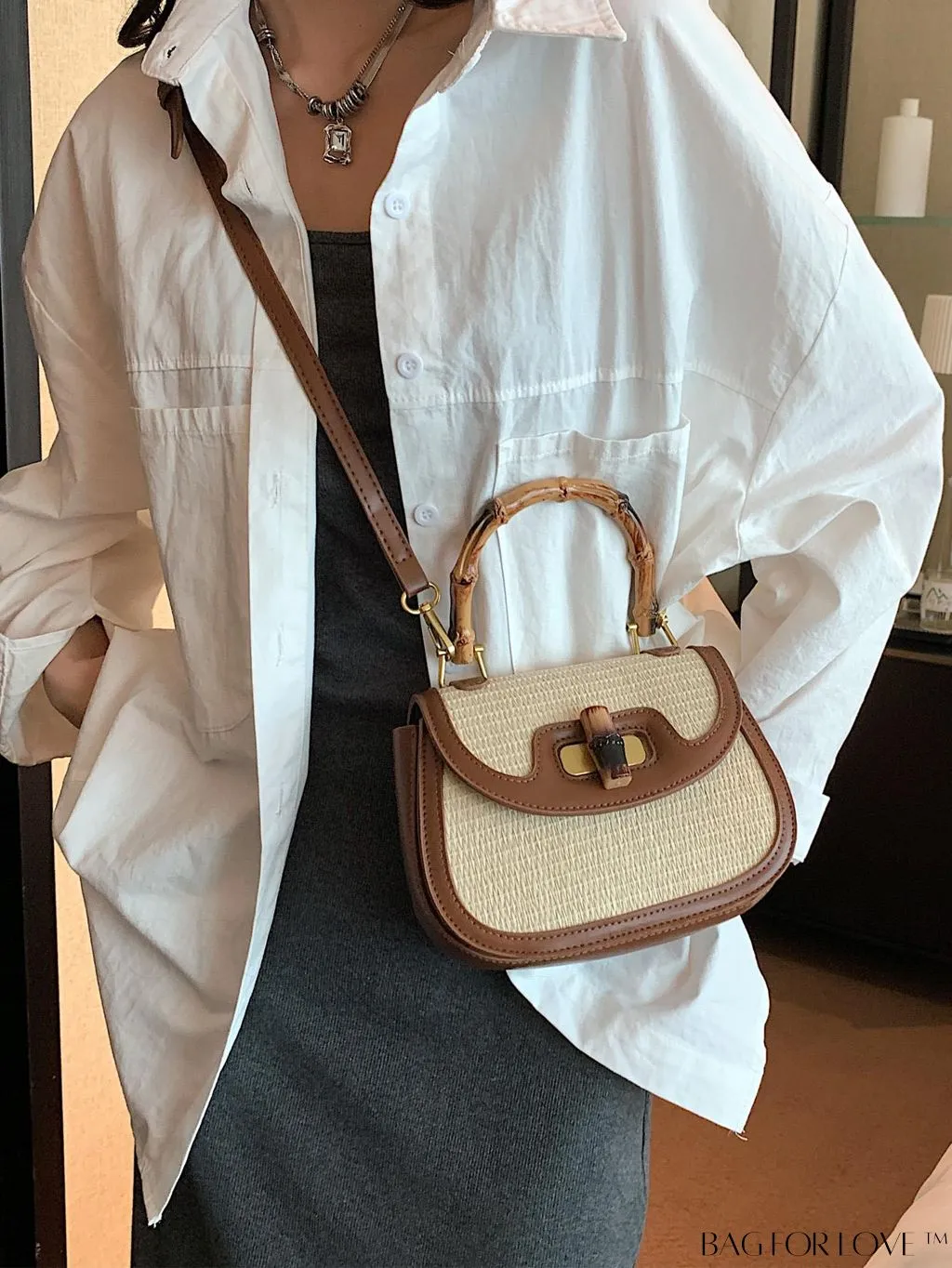 BagForLove - Compact Contrast Straw Bag with Bamboo Joint Handle - Perfect for Vacation