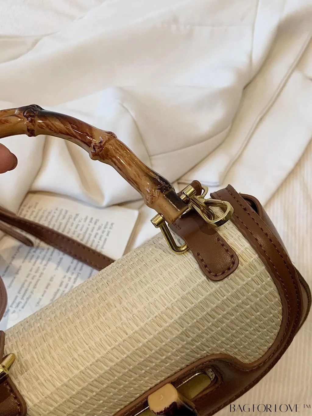 BagForLove - Compact Contrast Straw Bag with Bamboo Joint Handle - Perfect for Vacation