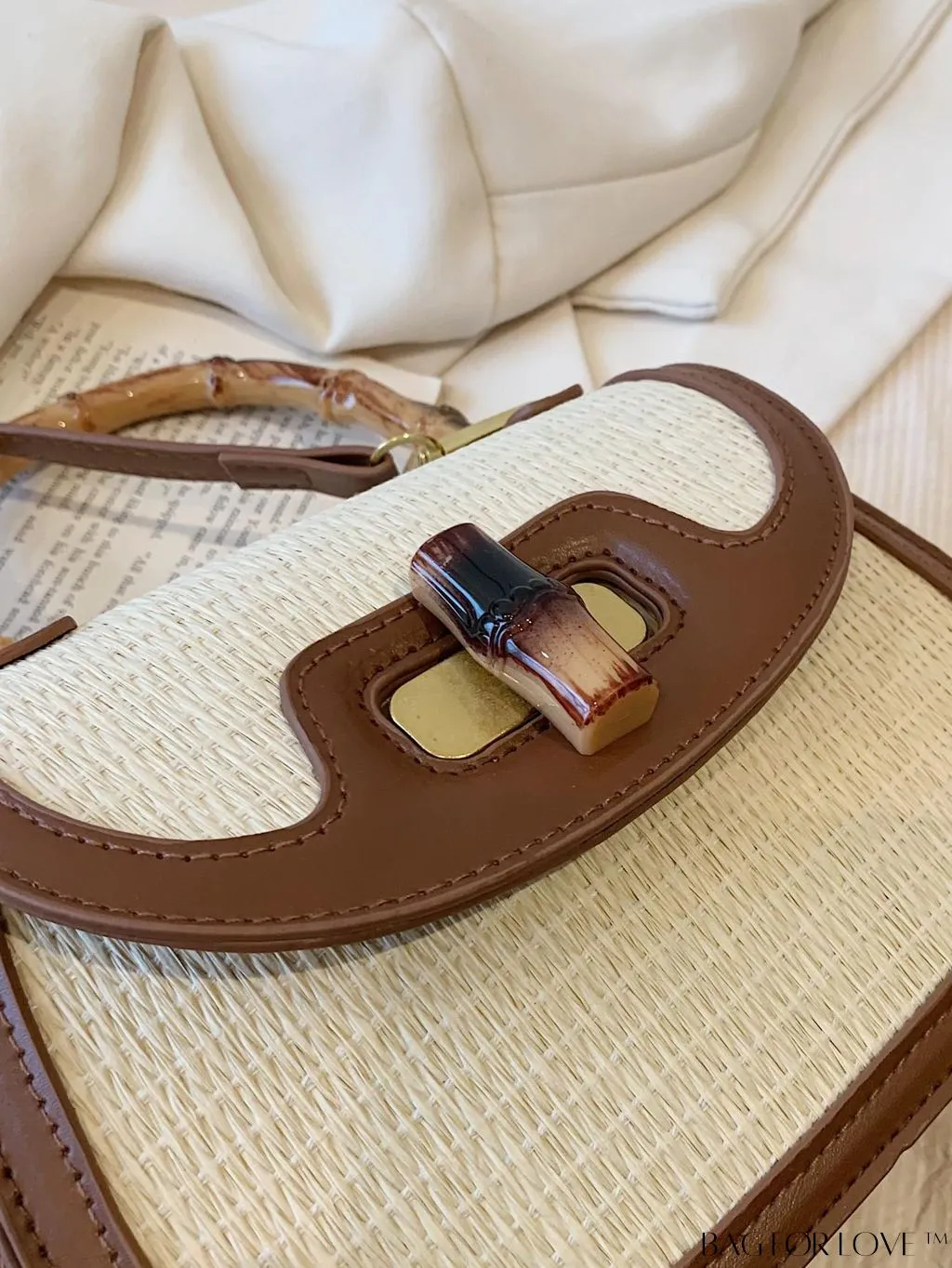 BagForLove - Compact Contrast Straw Bag with Bamboo Joint Handle - Perfect for Vacation