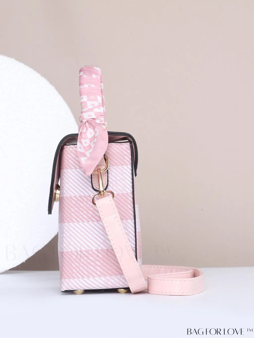 BagForLove - Compact Striped Plaid Flip Phone Bag with Complementary Silk Scarf