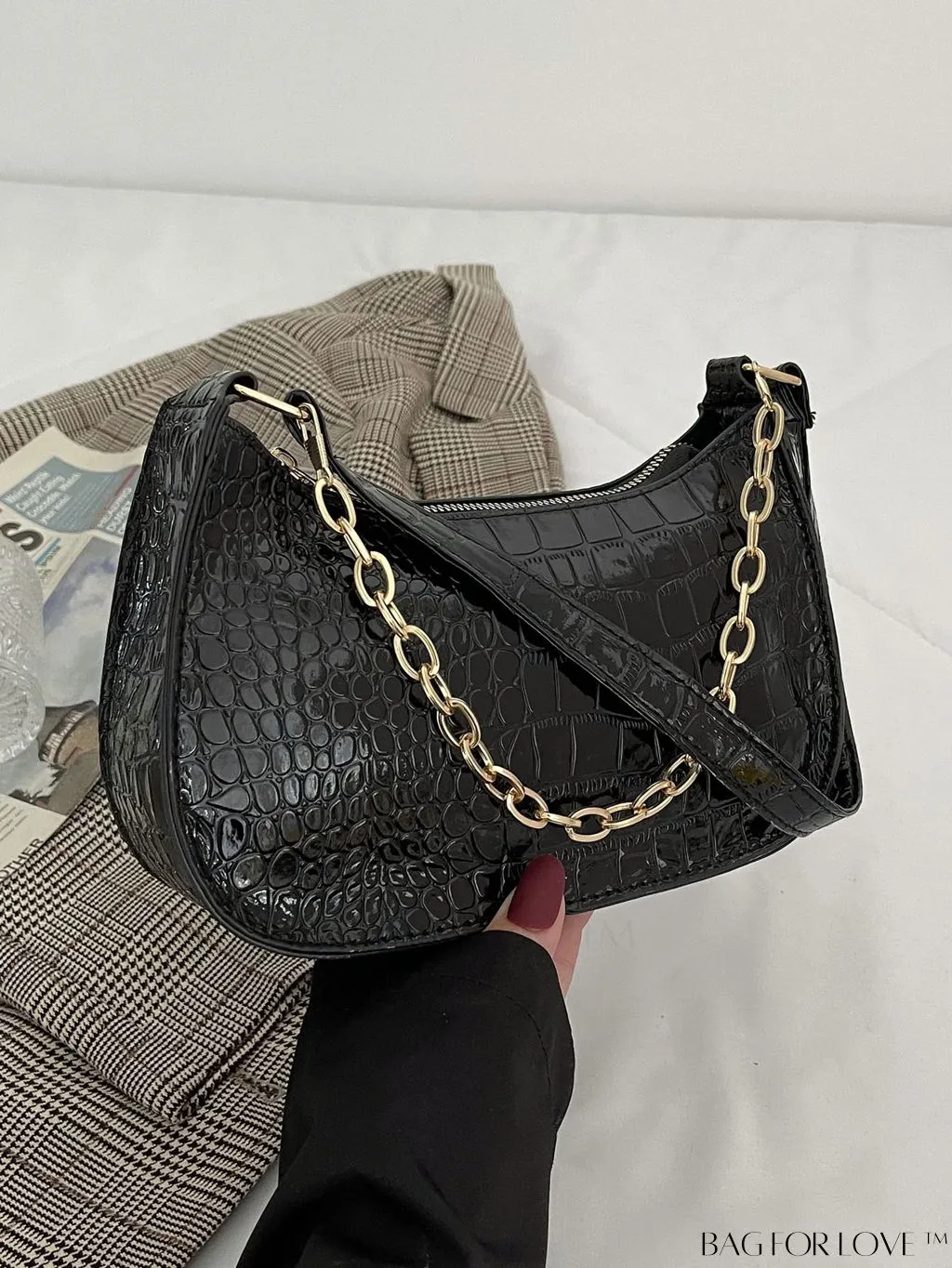 BagForLove - Crocodile Chain Baguette: Mini-sized, Embossed Elegance