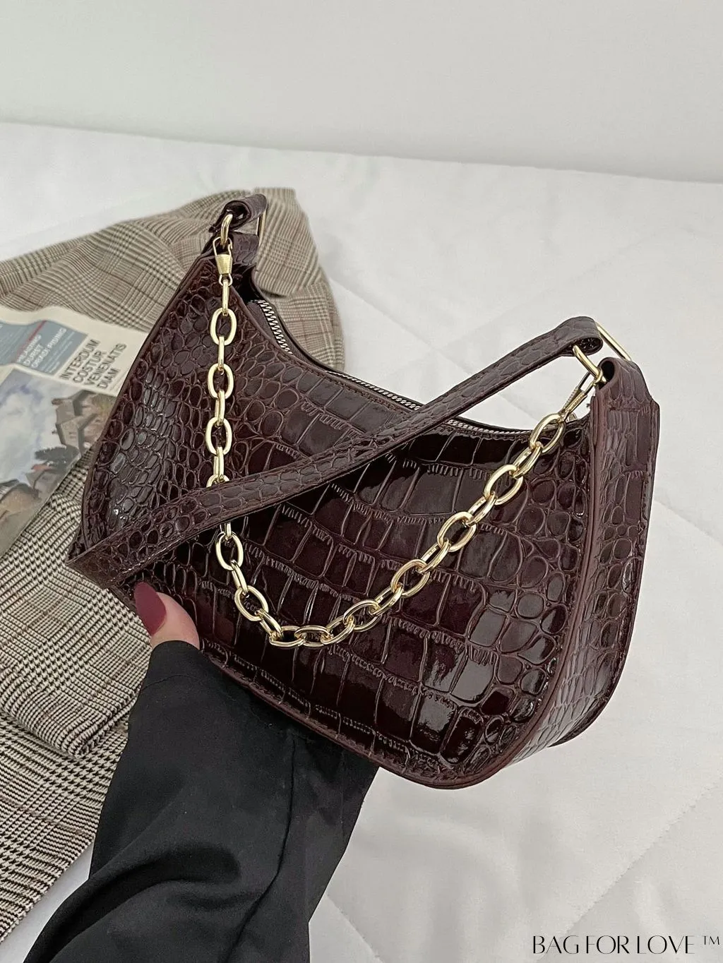 BagForLove - Crocodile Chain Baguette: Mini-sized, Embossed Elegance