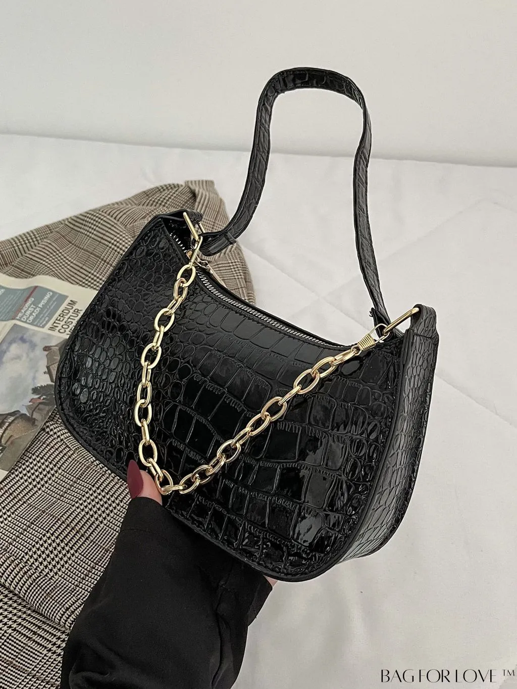 BagForLove - Crocodile Chain Baguette: Mini-sized, Embossed Elegance