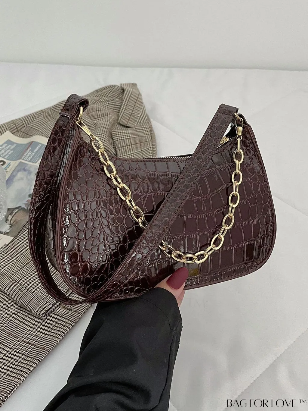 BagForLove - Crocodile Chain Baguette: Mini-sized, Embossed Elegance