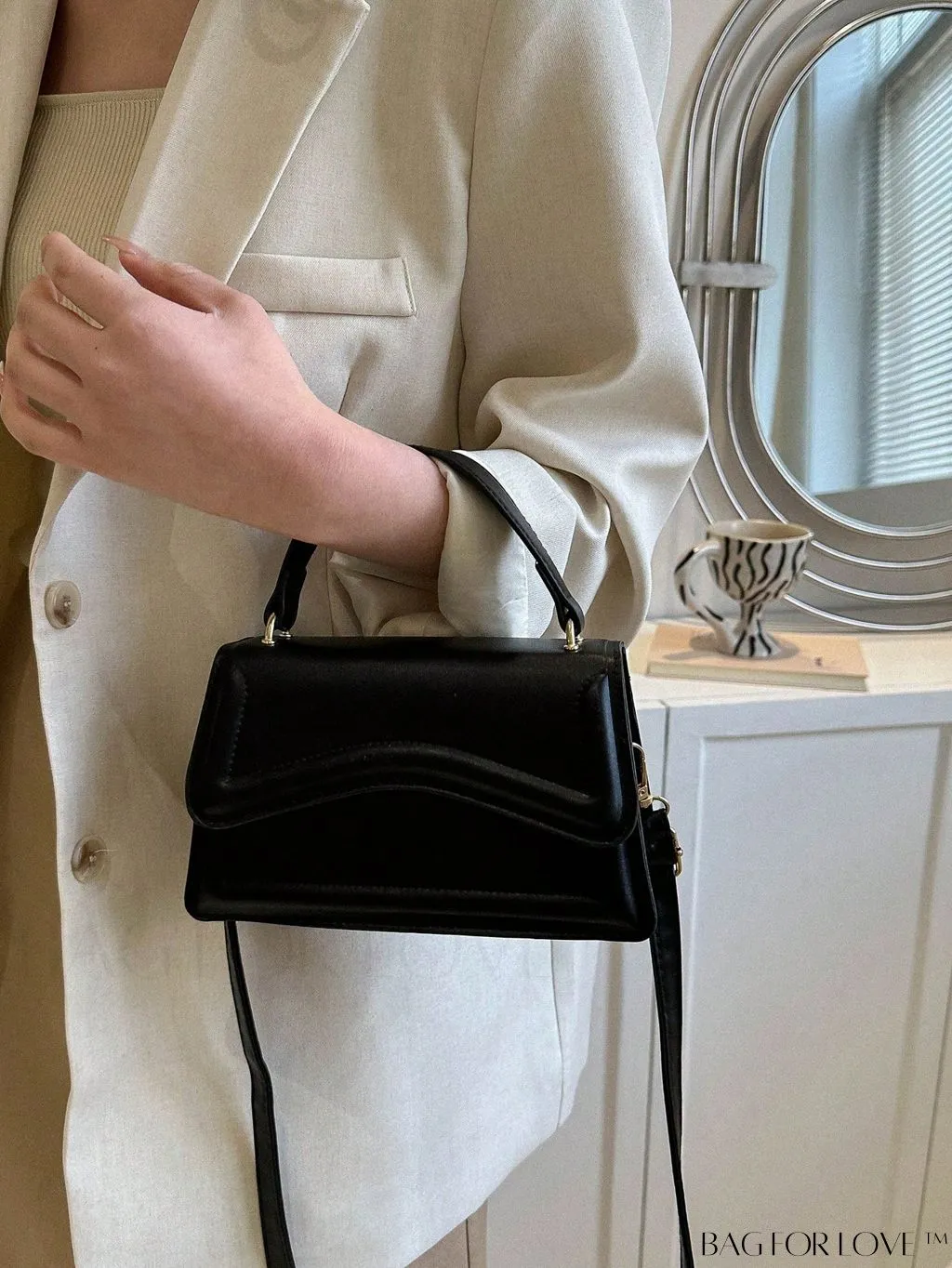 BagForLove - Elegant Black PU Mini Square Flap Bag with Top Handle