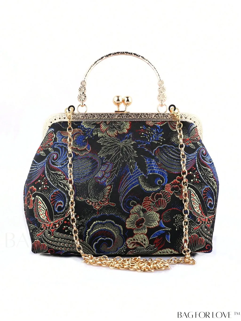 BagForLove - Embroidered Butterfly & Flower Small Satchel Bag with Kiss Lock Chain