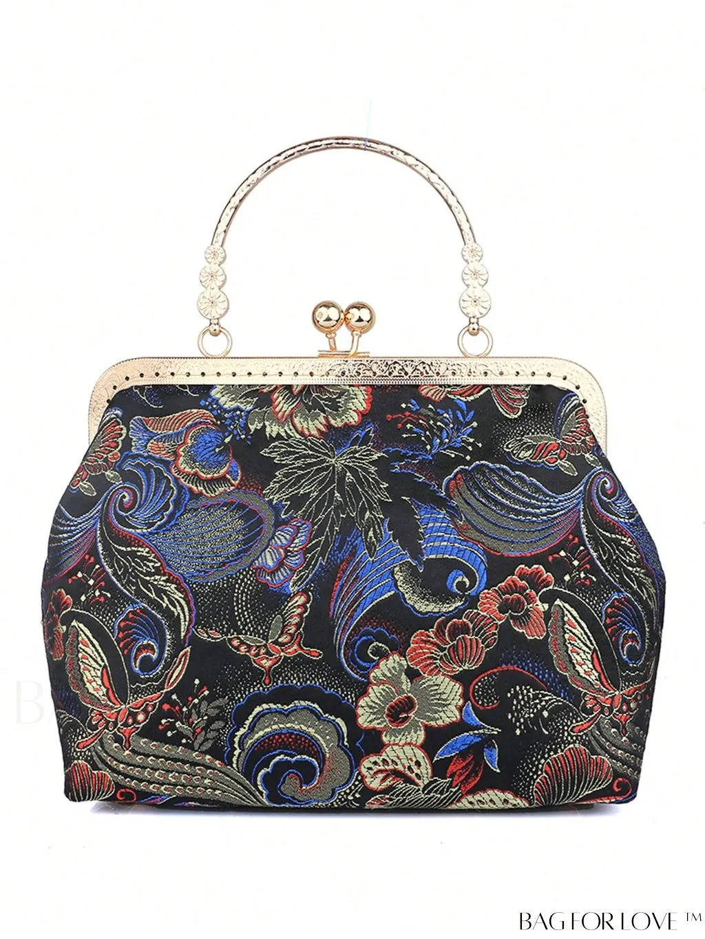BagForLove - Embroidered Butterfly & Flower Small Satchel Bag with Kiss Lock Chain