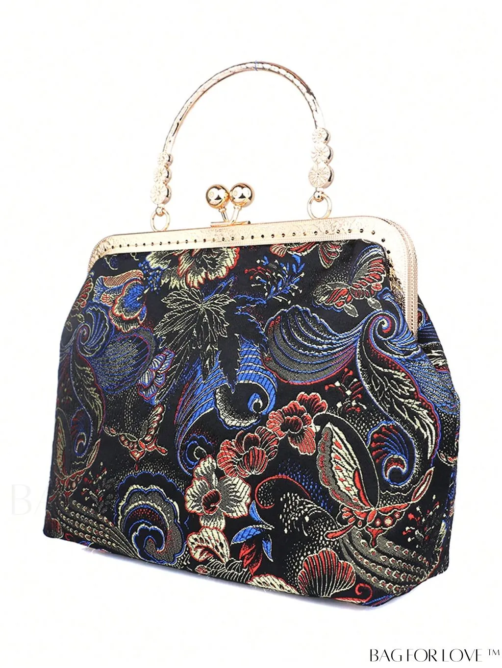 BagForLove - Embroidered Butterfly & Flower Small Satchel Bag with Kiss Lock Chain