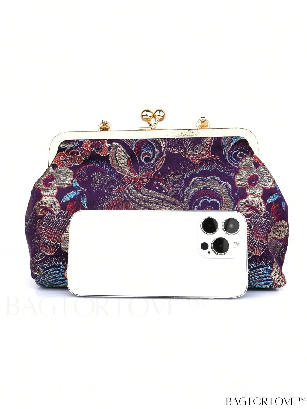 BagForLove - Embroidered Butterfly & Flower Small Satchel Bag with Kiss Lock Chain