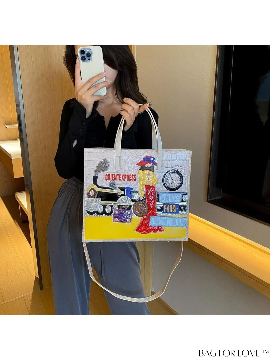 BagForLove - Enhanced Womens Square Bag with Embroidered Cartoon Character Design