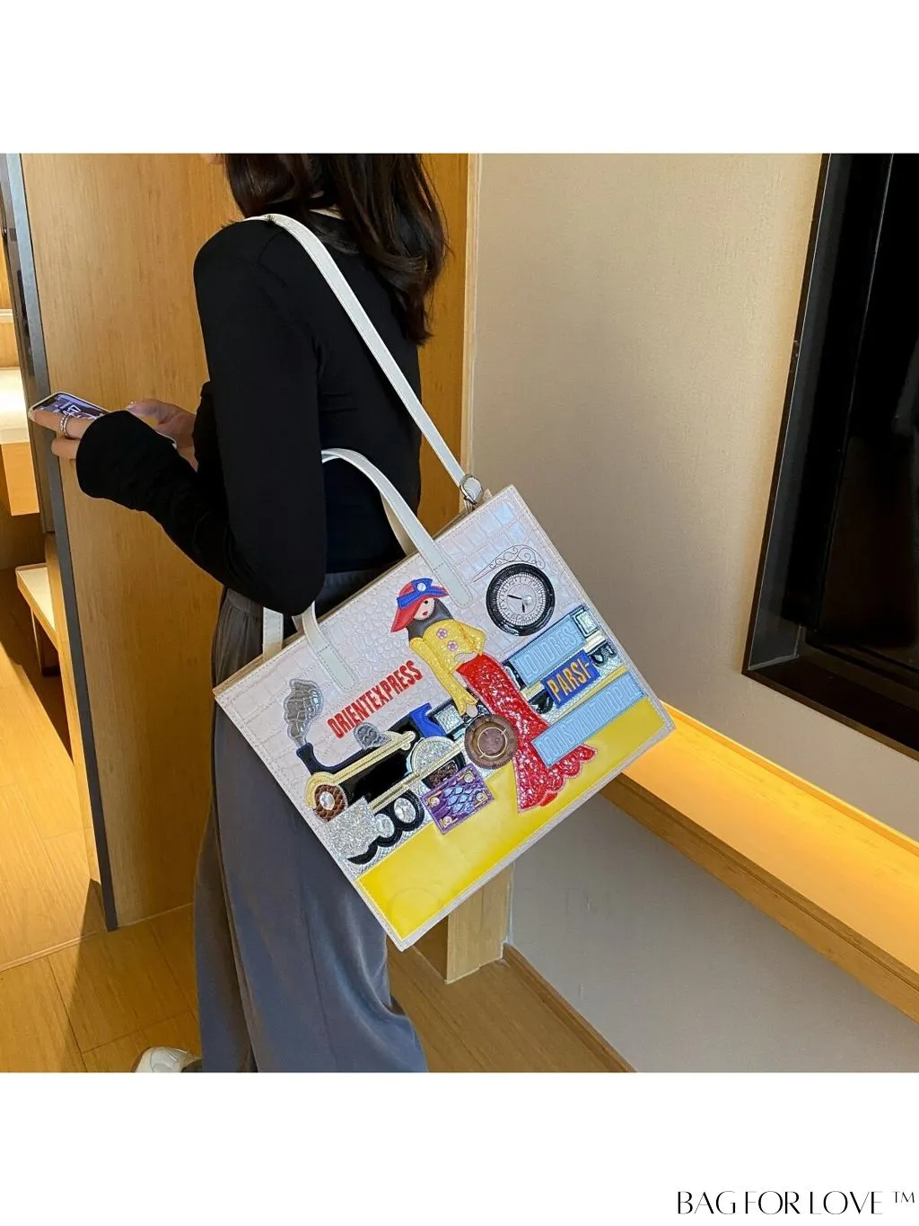 BagForLove - Enhanced Womens Square Bag with Embroidered Cartoon Character Design