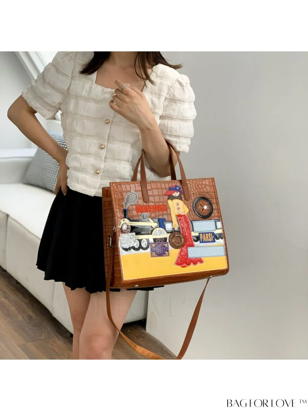 BagForLove - Enhanced Womens Square Bag with Embroidered Cartoon Character Design