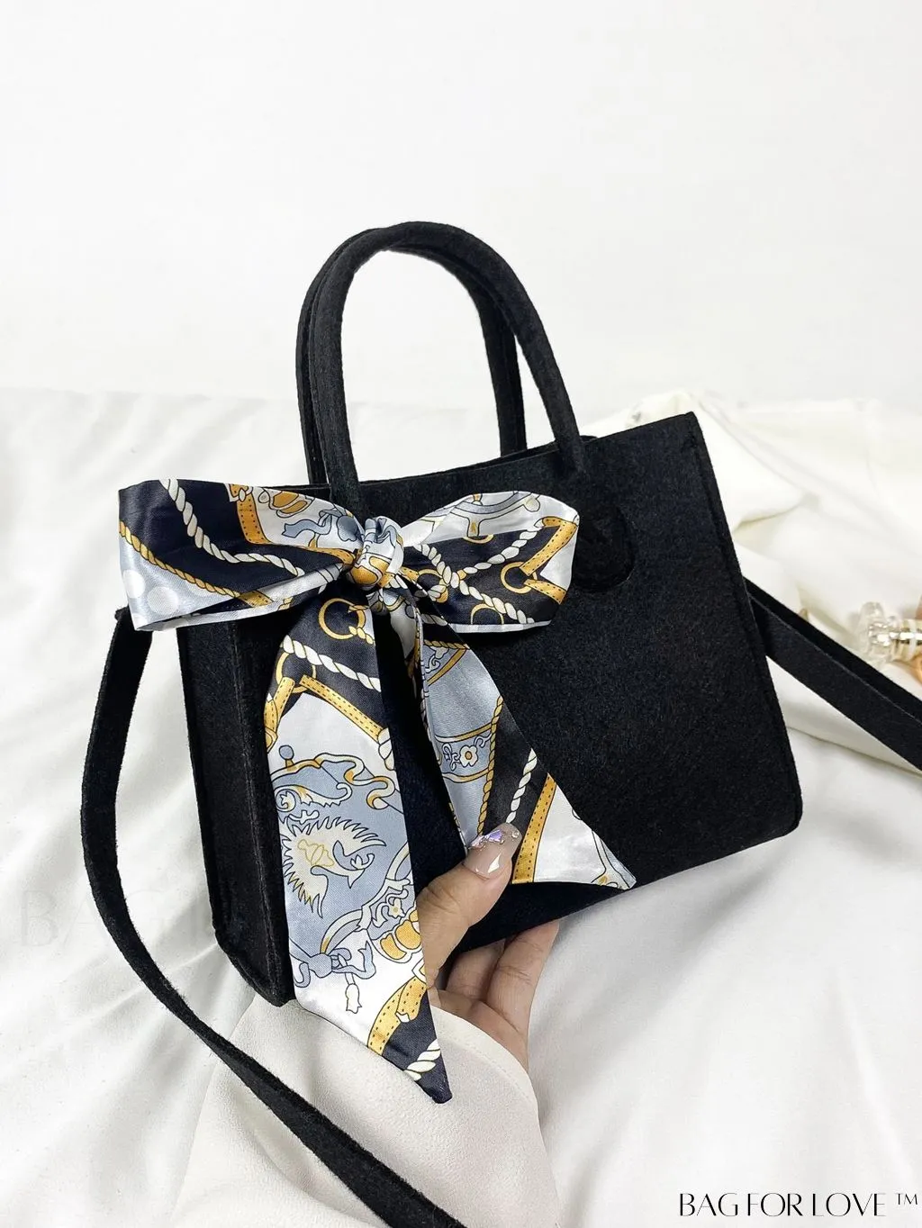 BagForLove - Felt Mini Square Bag with Double Handle and Twilly Scarf Decoration
