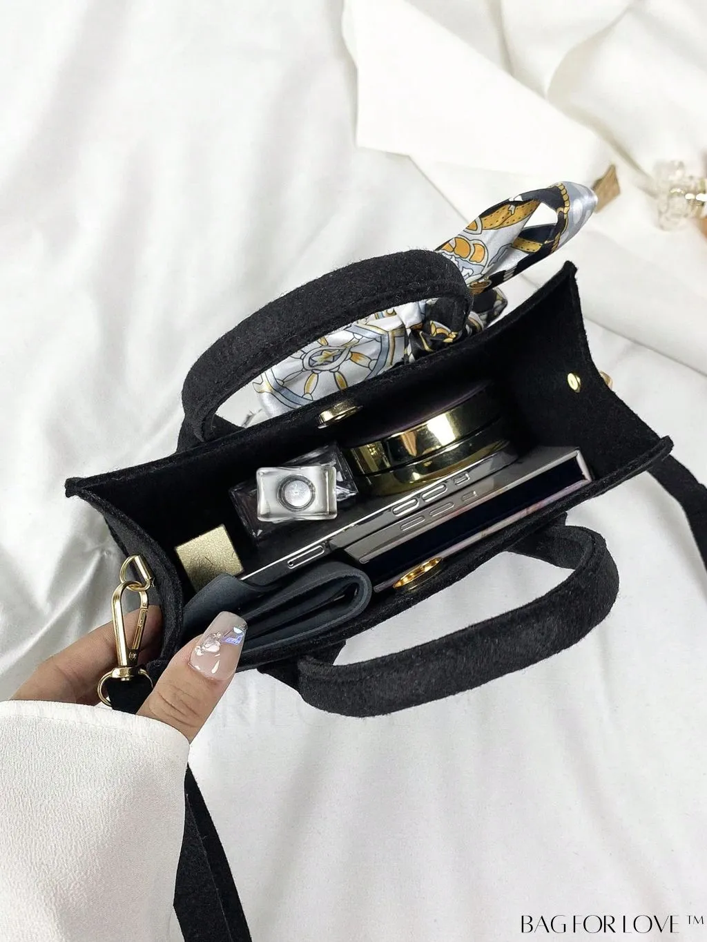 BagForLove - Felt Mini Square Bag with Double Handle and Twilly Scarf Decoration