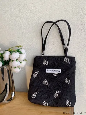 BagForLove - Floral Square Bag with Letter Patch, Dual Handle - Chic Small-Sized Design