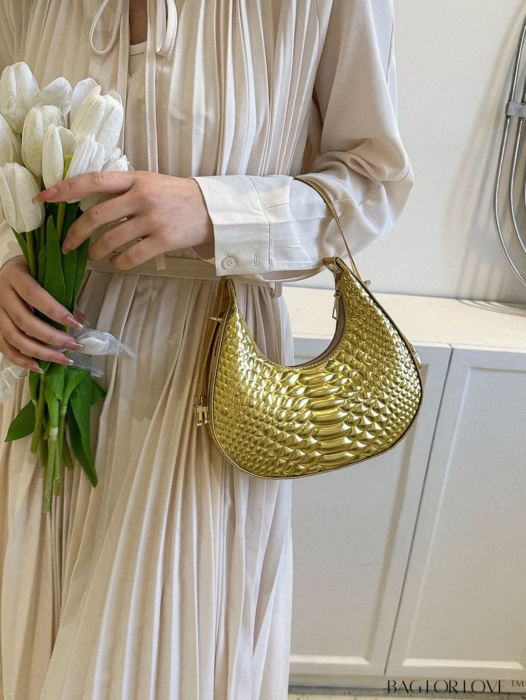 BagForLove - Golden Metal Edge Armpit Bag - Crocodile Pattern Print