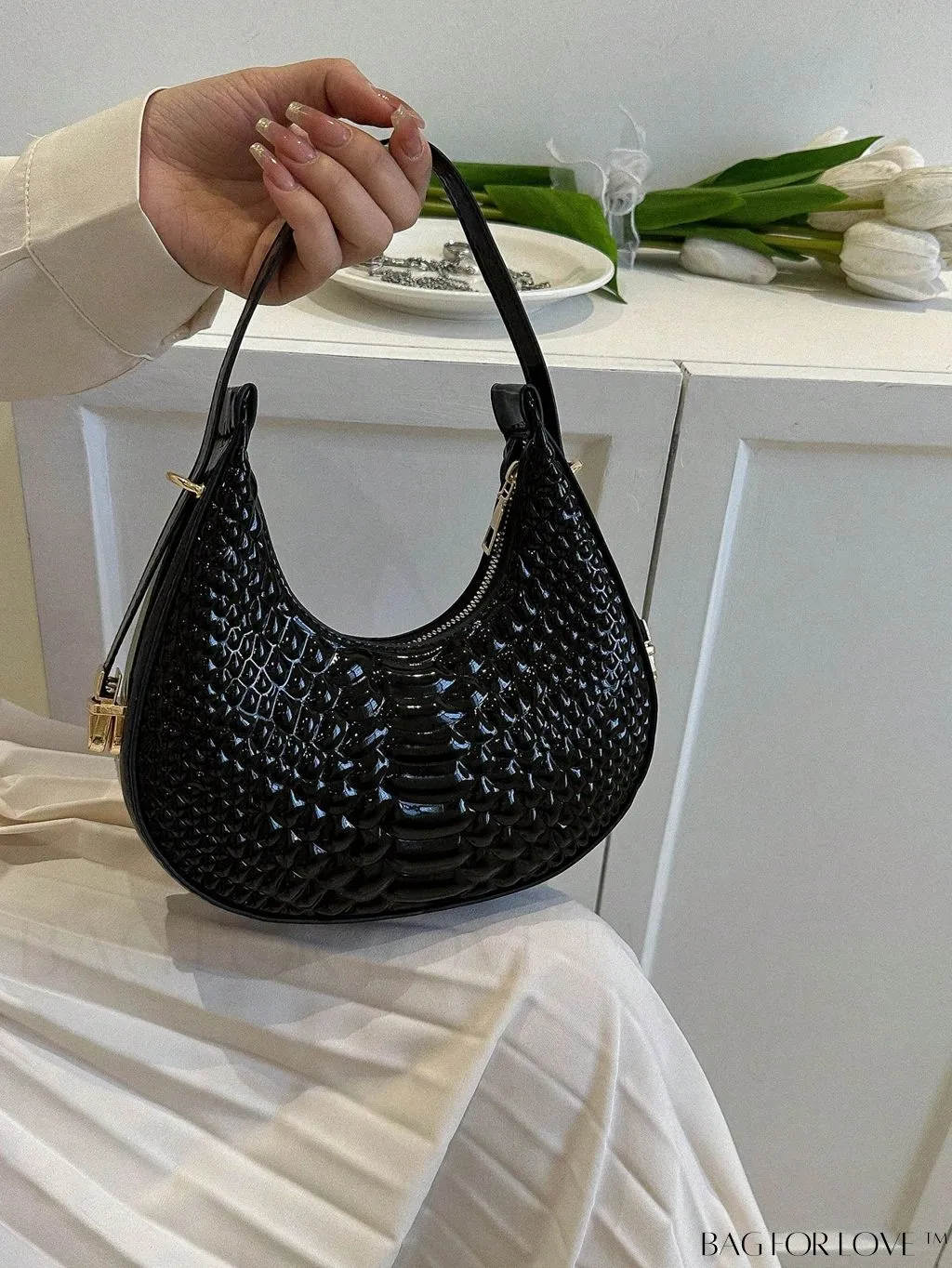 BagForLove - Golden Metal Edge Armpit Bag - Crocodile Pattern Print