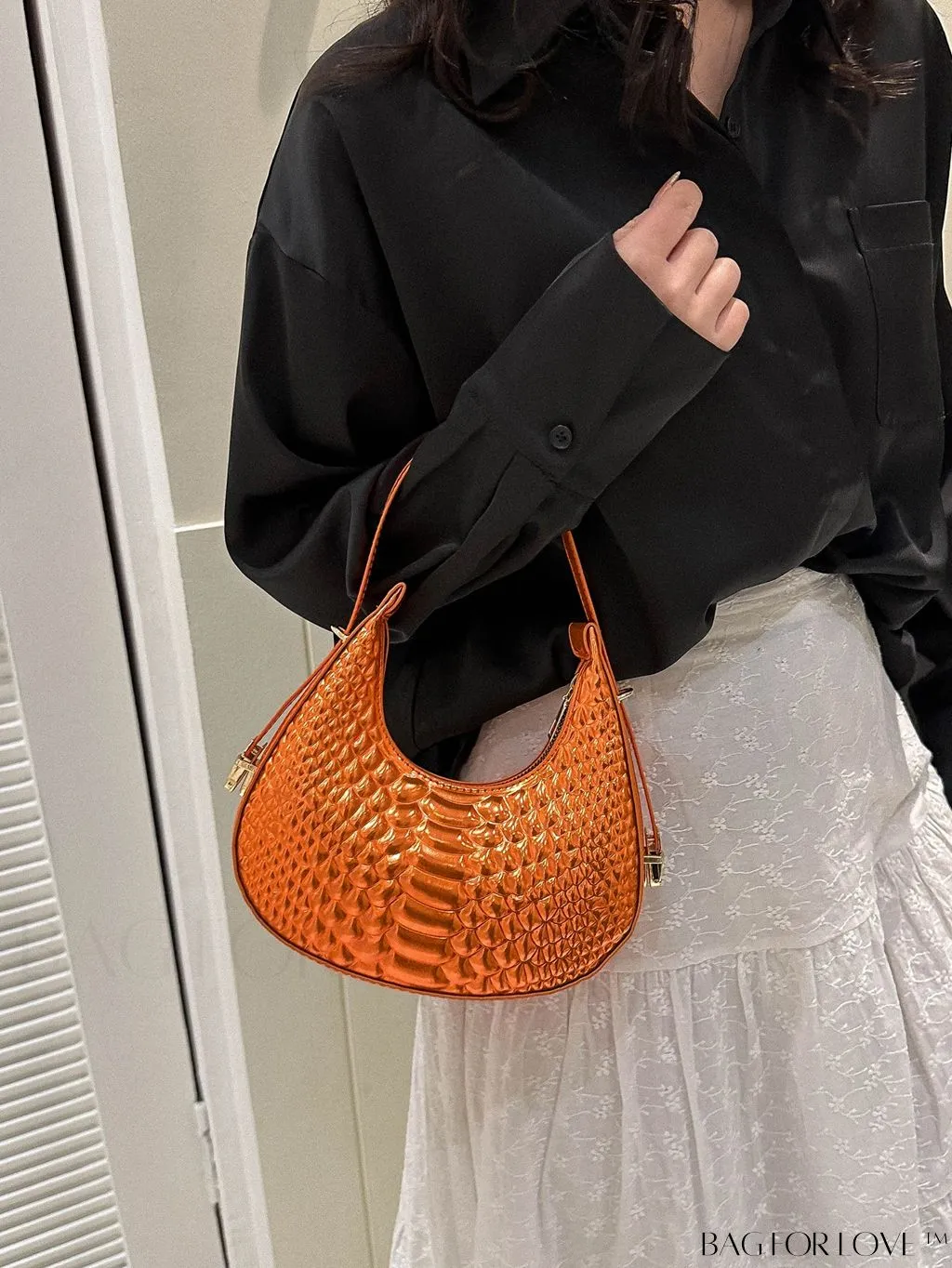 BagForLove - Golden Metal Edge Armpit Bag - Crocodile Pattern Print