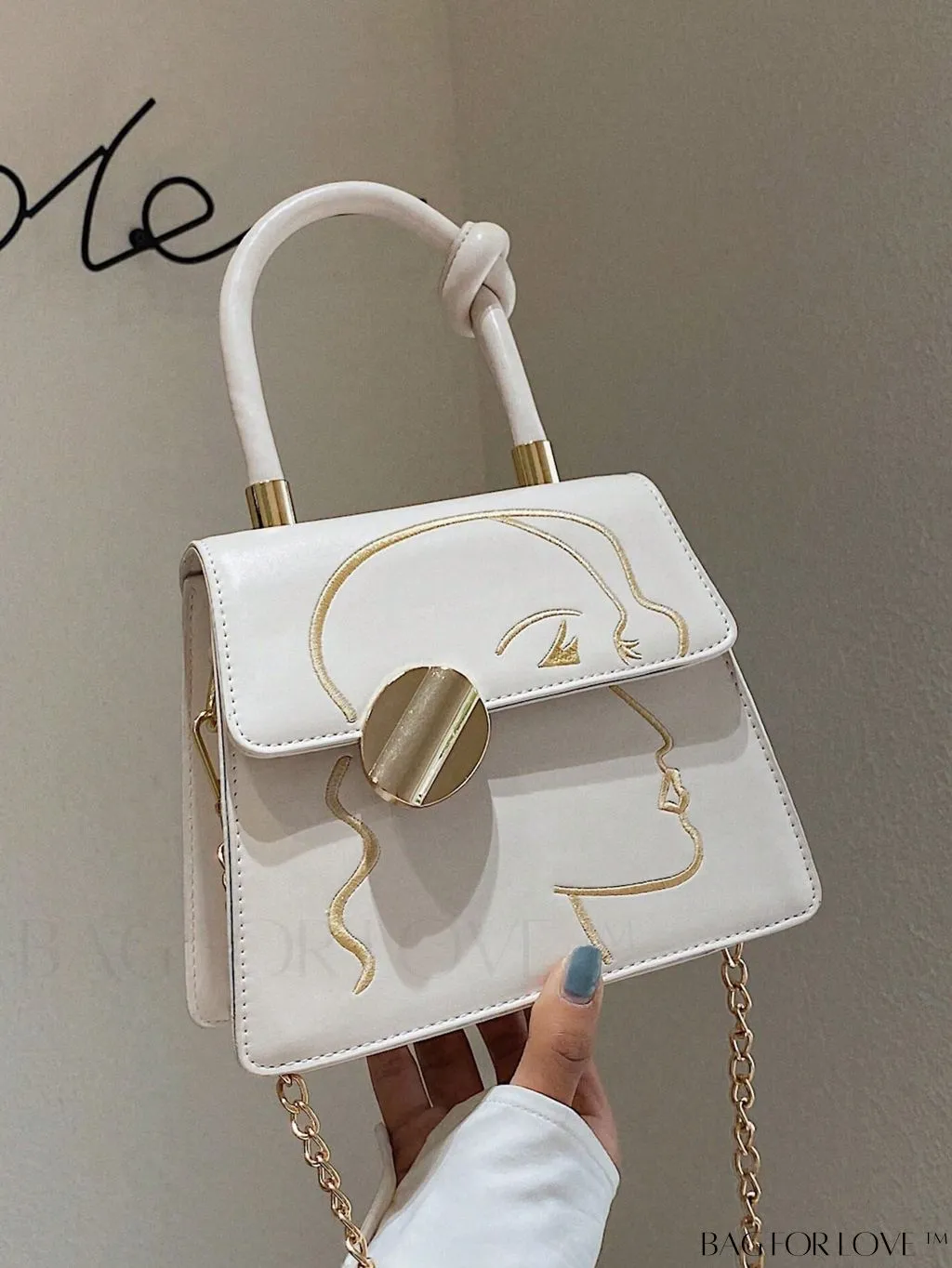 BagForLove - Graphic Metal Decor Top Handle White Square Bag - Perfect for Daily Use