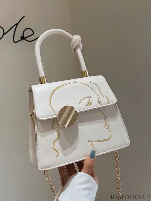 BagForLove - Graphic Metal Decor Top Handle White Square Bag - Perfect for Daily Use
