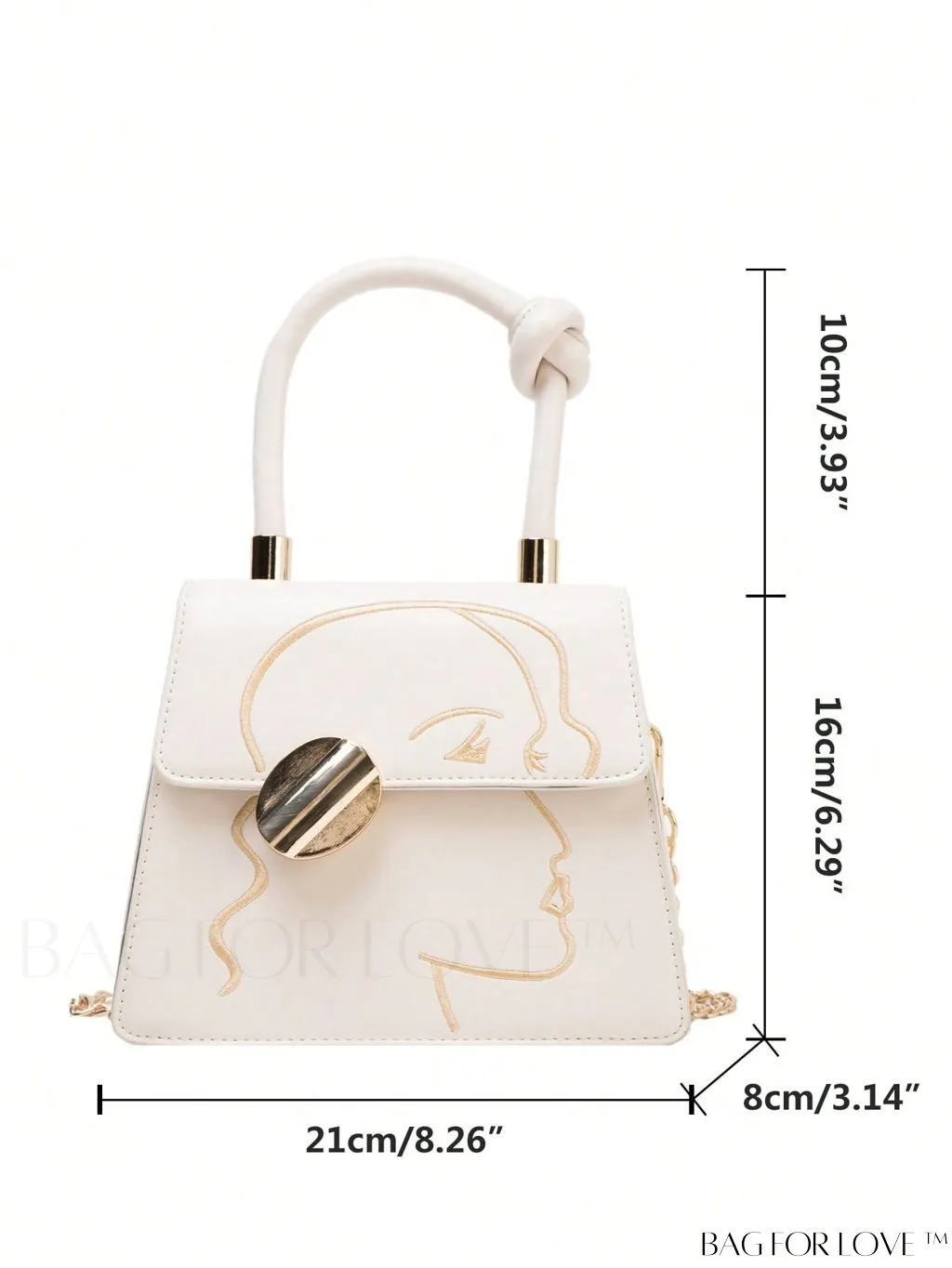 BagForLove - Graphic Metal Decor Top Handle White Square Bag - Perfect for Daily Use