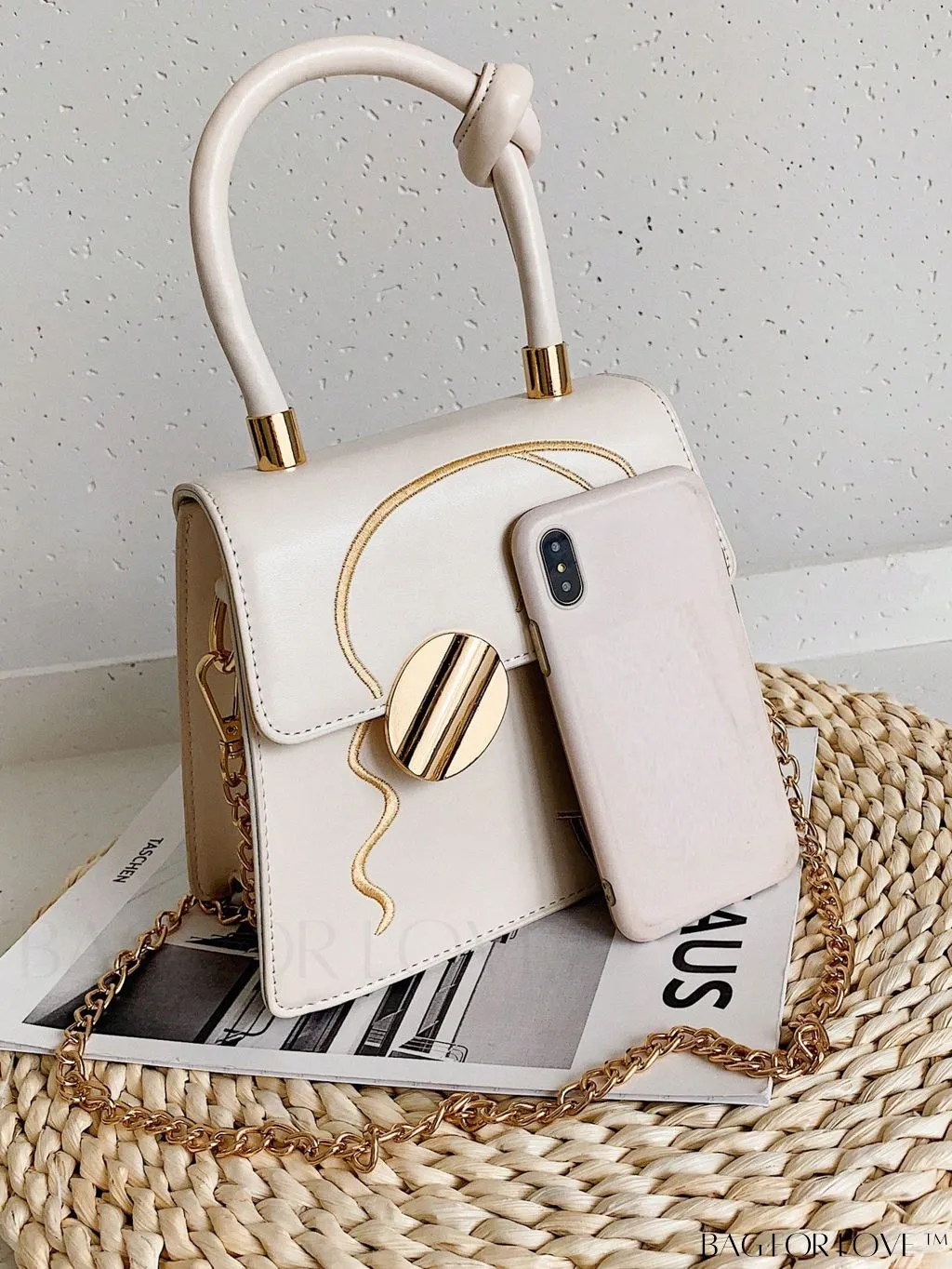 BagForLove - Graphic Metal Decor Top Handle White Square Bag - Perfect for Daily Use