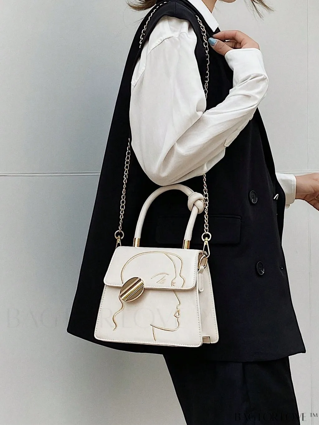 BagForLove - Graphic Metal Decor Top Handle White Square Bag - Perfect for Daily Use