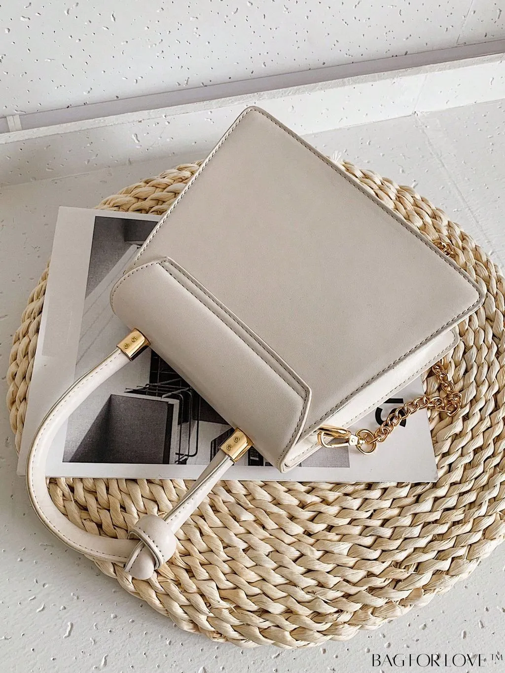 BagForLove - Graphic Metal Decor Top Handle White Square Bag - Perfect for Daily Use