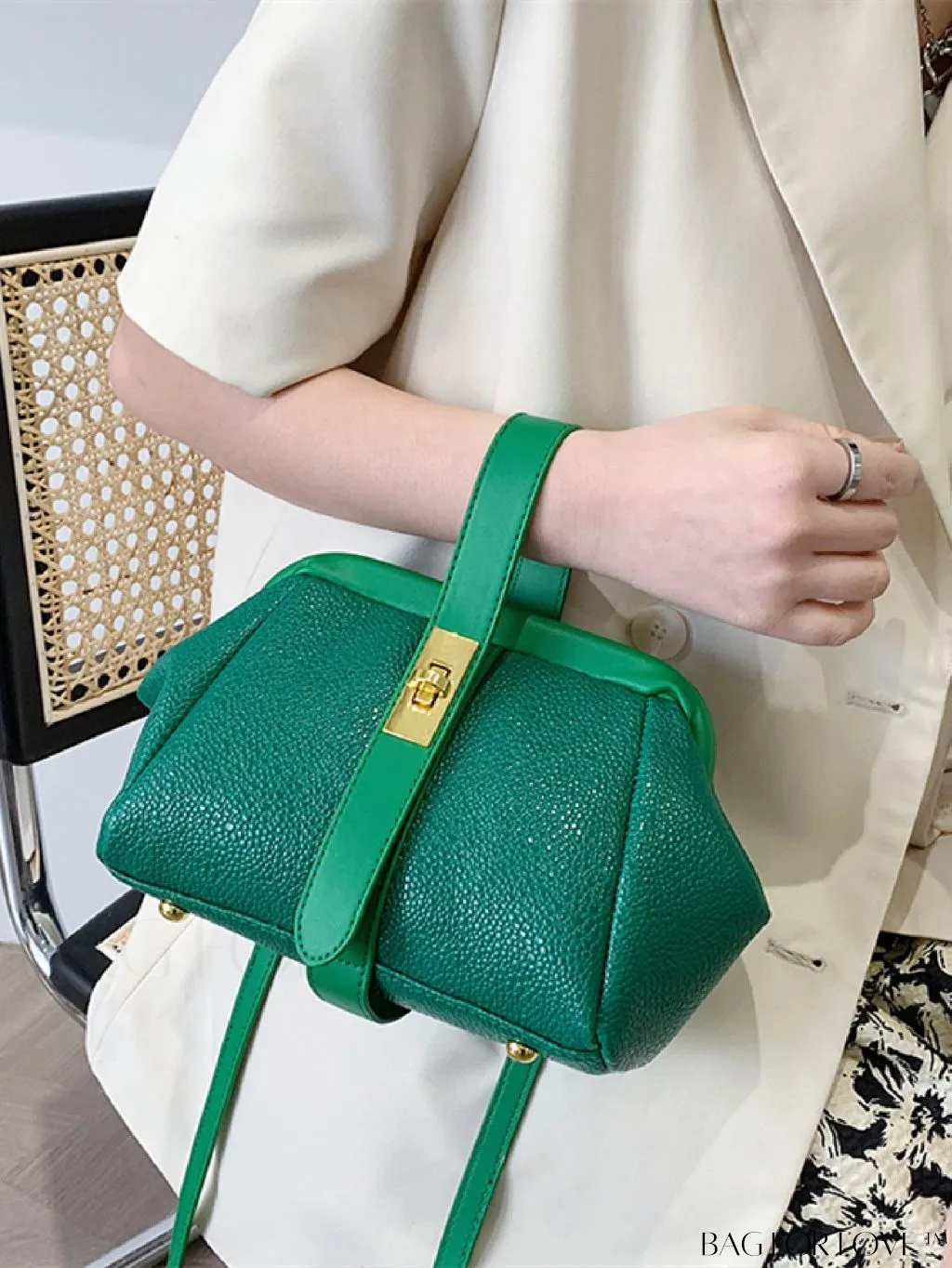 BagForLove - Green Litchi Embossed Satchel Bag with Twist Lock Closure
