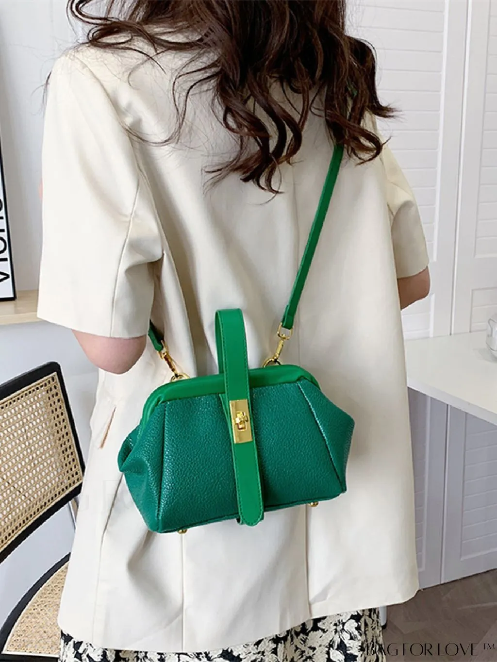 BagForLove - Green Litchi Embossed Satchel Bag with Twist Lock Closure
