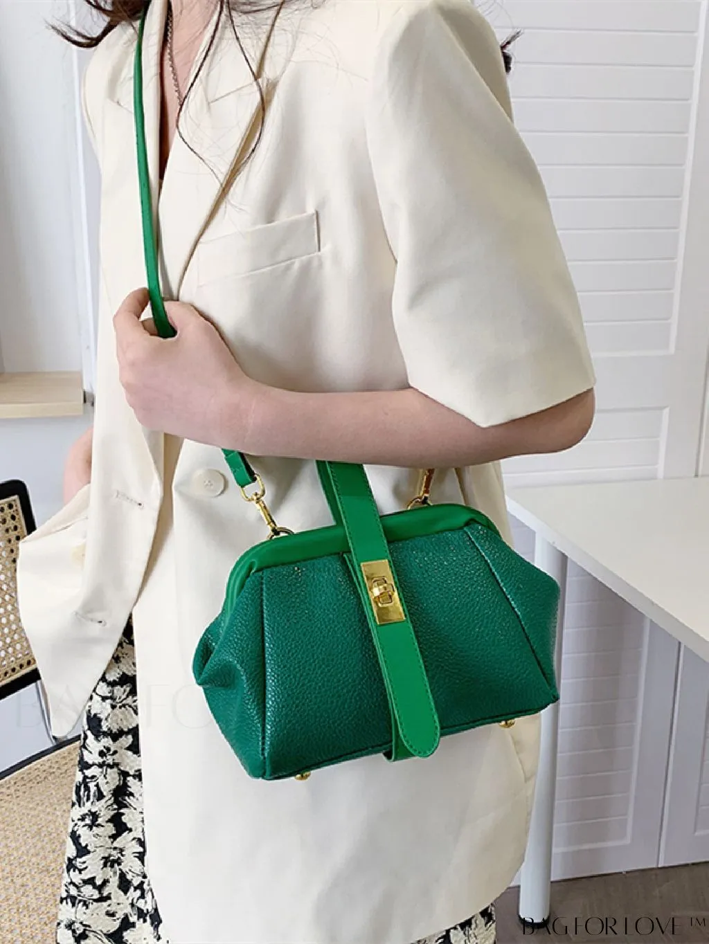 BagForLove - Green Litchi Embossed Satchel Bag with Twist Lock Closure