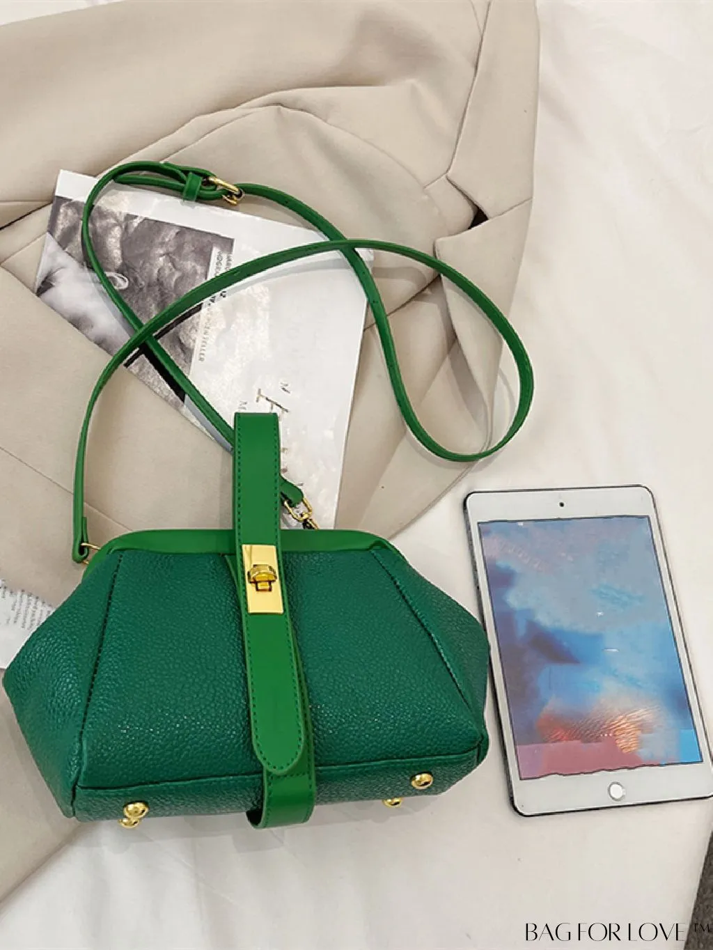 BagForLove - Green Litchi Embossed Satchel Bag with Twist Lock Closure