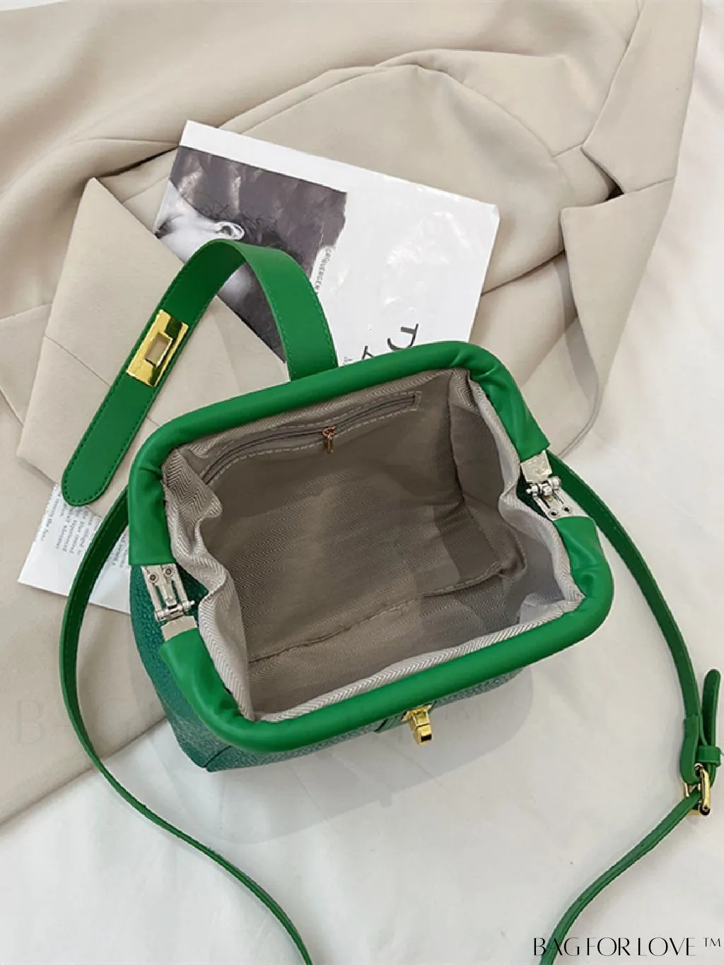 BagForLove - Green Litchi Embossed Satchel Bag with Twist Lock Closure