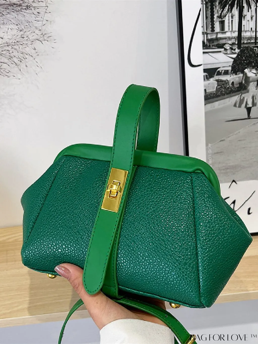 BagForLove - Green Litchi Embossed Satchel Bag with Twist Lock Closure
