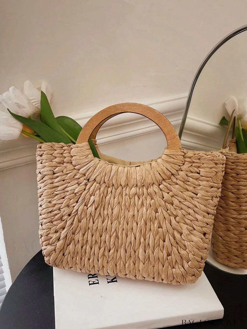 BagForLove - Khaki Double Handle Straw Bag: Ideal for Summer Beach Getaways & Travel