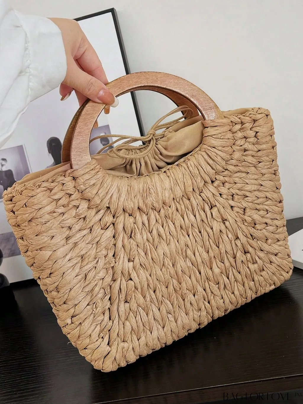 BagForLove - Khaki Double Handle Straw Bag: Ideal for Summer Beach Getaways & Travel