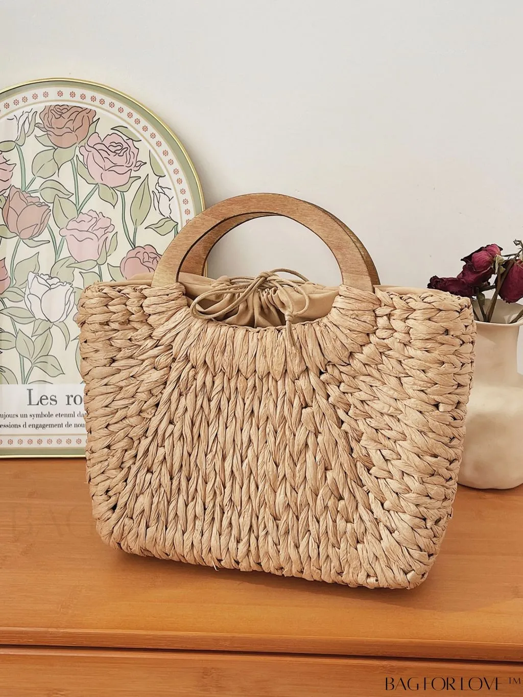 BagForLove - Khaki Double Handle Straw Bag: Ideal for Summer Beach Getaways & Travel