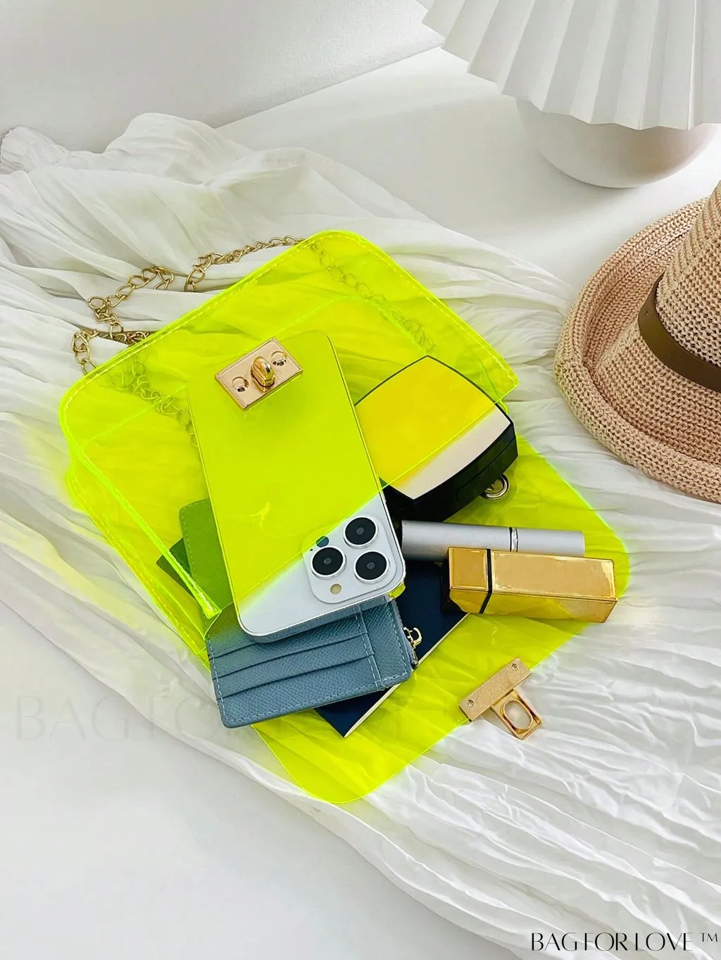 BagForLove - Neon Orange Top Handle Square Bag with Funky Clear Design