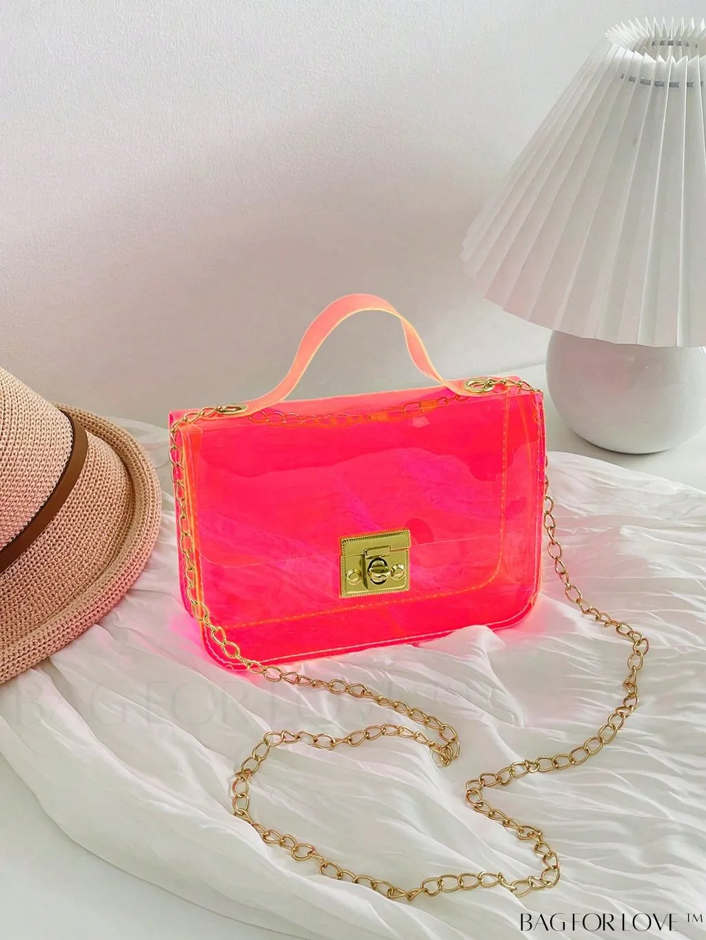 BagForLove - Neon Orange Top Handle Square Bag with Funky Clear Design