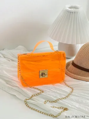 BagForLove - Neon Orange Top Handle Square Bag with Funky Clear Design