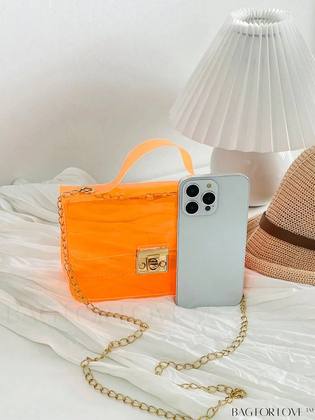 BagForLove - Neon Orange Top Handle Square Bag with Funky Clear Design